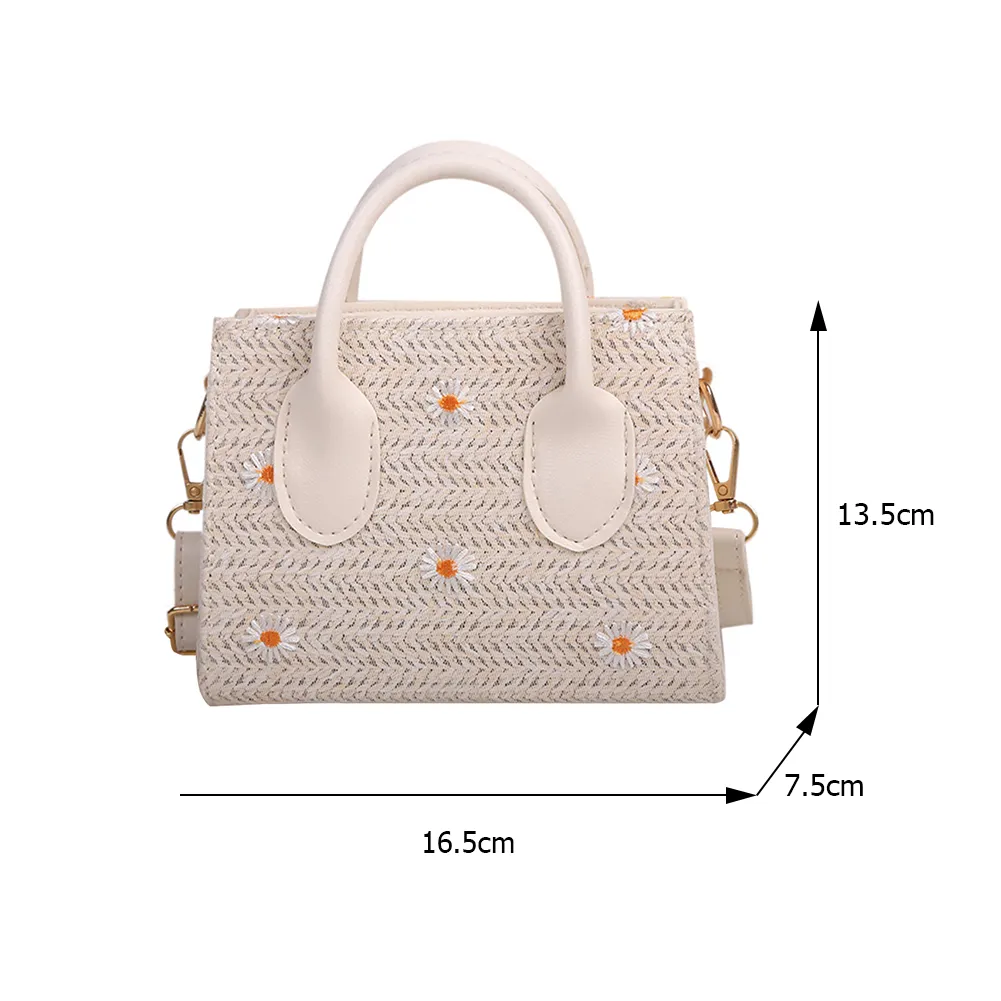 Fashion Straw Woven Shoulder Messenger Bags For Women Casual Daisy Embroidery Ladies Top-handle Handbags Small Crossbody Bags