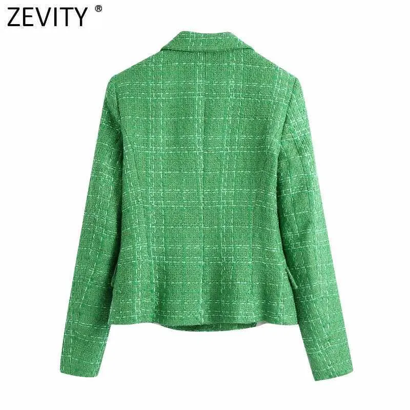 Zevity Frauen England Stil Zweireiher Grün Tweed Woll Blazer Mantel Vintage Weibliche Lange Hülse Chic Anzüge Tops CT695 211019