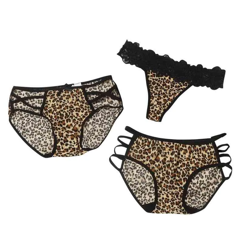Leopard Print Hollow Out Lace Briefs Midnight Sexy Seduction Charm Fun Underwear Six Piece Set 211201