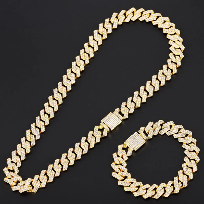 Anhänger Halsketten Set von Hip Hop Bling 15mm Stecker Kubaner Kette 2 Reihen vereiste Männer Halskette Strass Zirkon für Männer J218L