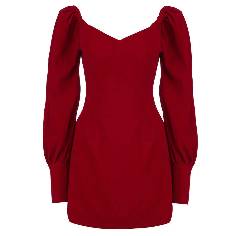 Sommar kvinnors retro solid v-hals pulver puff ärmar elegant röd sammet damer a-line mini sexig fest klänning 210527