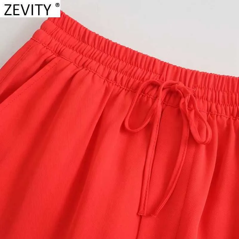 Zevidade mulheres simplesmente bolsos de cor remendo casual calças retas feminino feminino cintura elástica lace up verão calças compridas p1129 210925