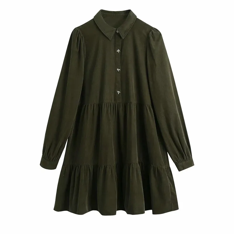 Robe Femmes Corduroy Ruffle Mini Femme Bouton Up Ruché Hiver Puff Manches Longues Lâche Casual Court ES 210519