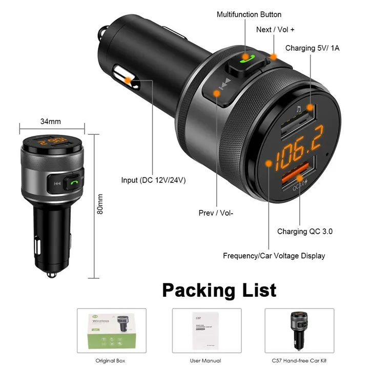 자동차 키트 블루투스 어댑터 무선 FM 송신기 핸즈프리 호출 스테레오 MP3 음악 플레이어 듀얼 USB 전화 충전기 QC3.0 빠른 충전 지원 U 디스크