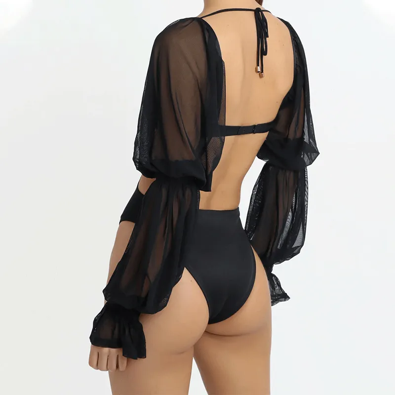 Sexy Malha Costura Slow Sleeves Senhoras Bodysuit Tops Chic Streetwear Manga Longa Hollow Out Lace-up Backless Slim Jumpsuit 210517