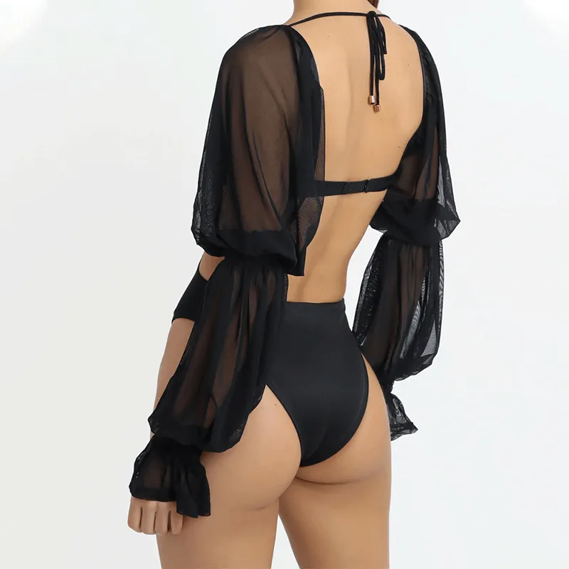 Sexy Mesh Stitching Puff Sleeves Ladies Bodysuit Toppar Chic Streetwear Långärmad Hollow Out Lace-up Backless Slim Jumpsuit 210517