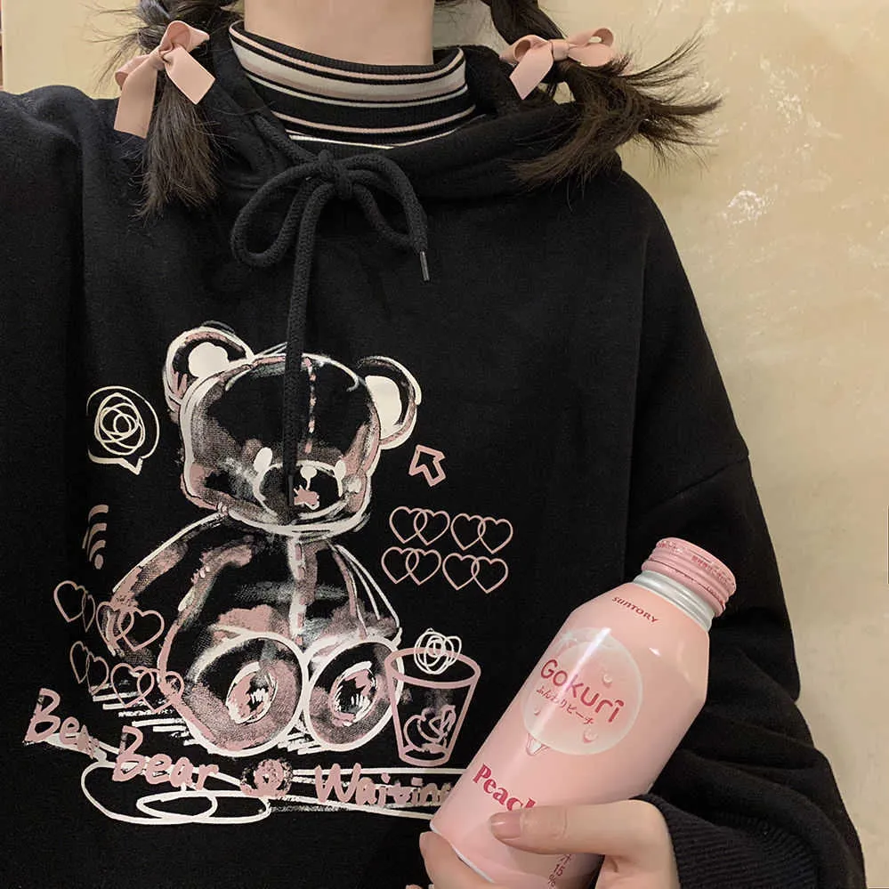 Sweat à capuche Anime Cartoon Kawaii Pink Bear Imprimer Harajuku Sweat à capuche Top Sweats à capuche Femmes Goth Vêtements à capuche à manches longues Femme 210930