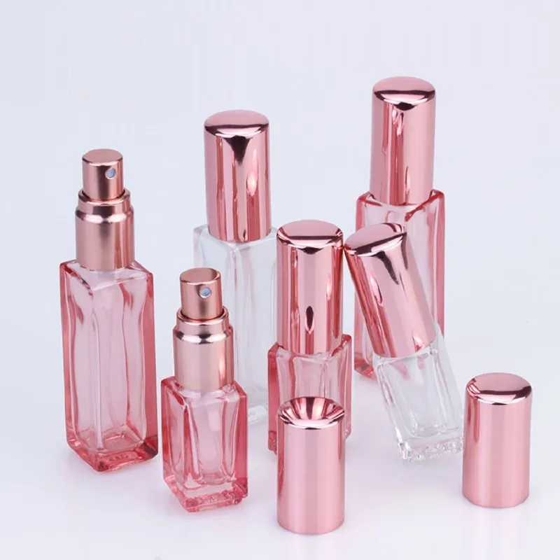 5ml 10ml quadrado de vidro perfume pulverizador de pulveriza recipientes cosméticos atomizador de atomizador rosa embalagem de ouro garrafa recarregável 30 peças / lote