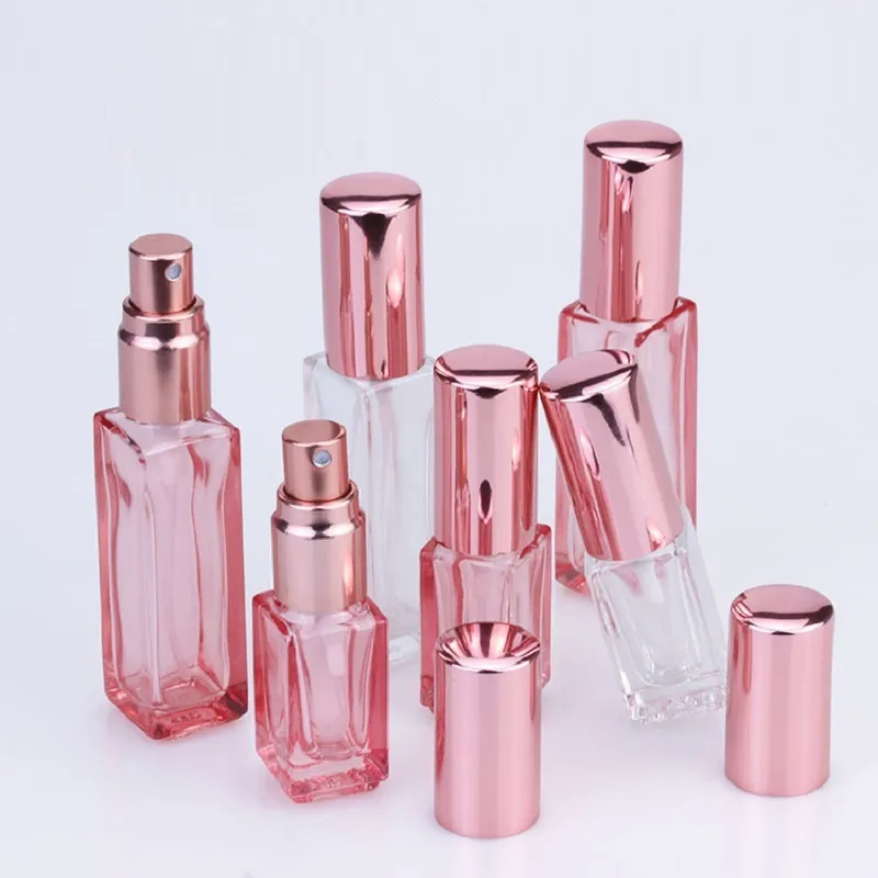 5ml 10ml Square Glass Perfume Spray Vials Cosmetic Containers Atomizer Rose Gold Packaging Refillable Bottle 