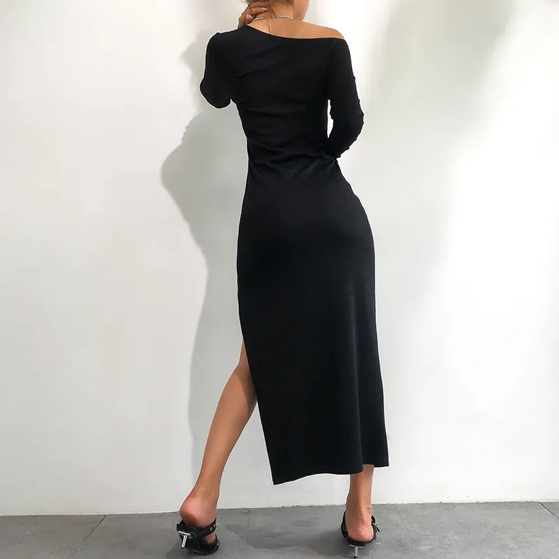 Kimutomo Off One Shoulder Asymmetrical Collar Dress Women Fashion Ladies Long Sleeve Solid Split Black Dress Spring 210521