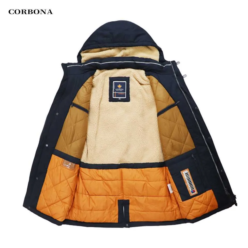 Corbona高品質の暖かい綿の服メンズジャケットビジネスカジュアルミッドレングスファッションの厚いコートラムウール帽子211104
