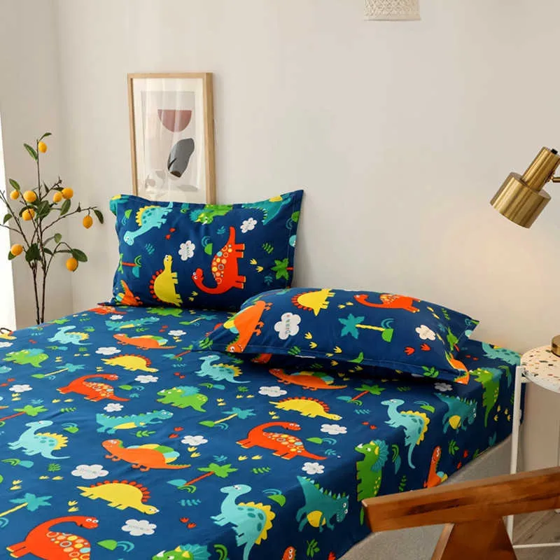 Bonenjoy Conjuntos de sábanas individuales / dobles / tamaño queen Sabanas de cama Hojas de estilo de dibujos animados de dinosaurios en una banda elástica para niños 210626