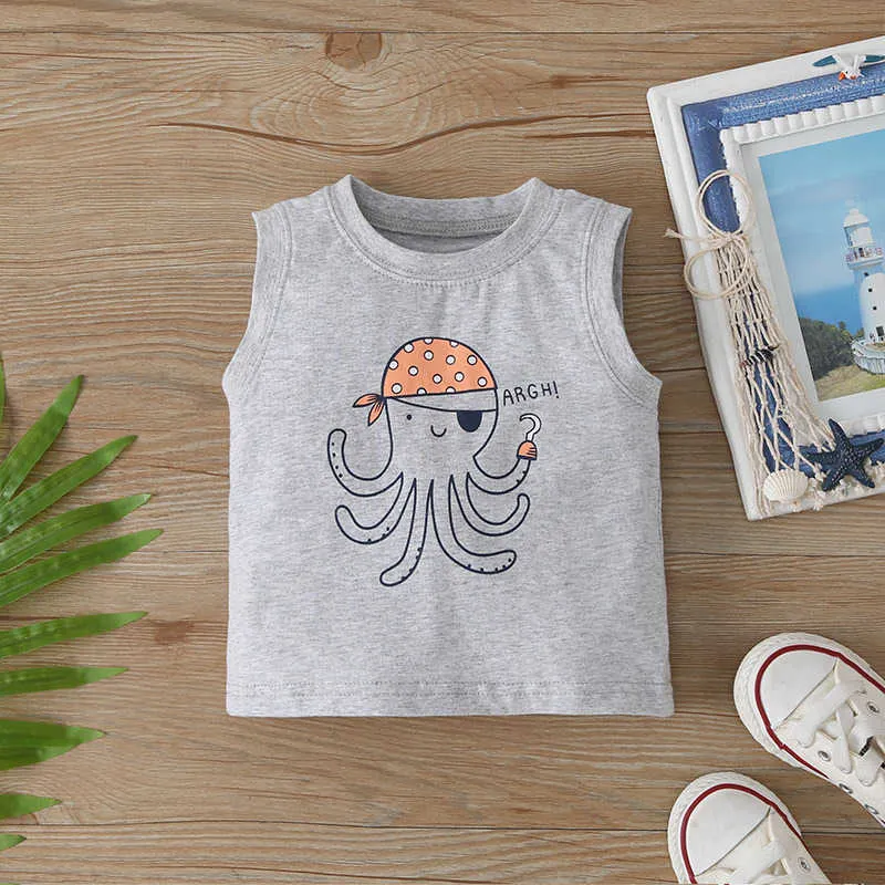 Estate Bambini Imposta Casual senza maniche Stampa Cartoon Octopus Top Pagliaccetti arancioni Pantaloncini neri 3 pezzi Ragazzi vestiti ragazze Set 210629