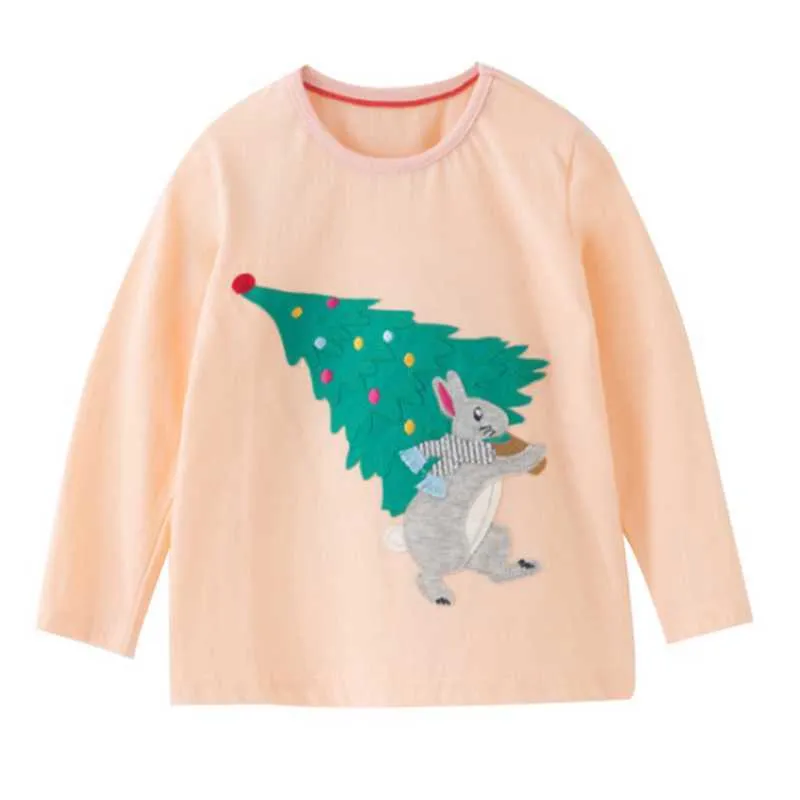 Jumping meters Christmas Tree Embroidery Girls Tees Cotton Bunny Long Sleeve Baby T shirts for Autumn Spring Children's Top 210529