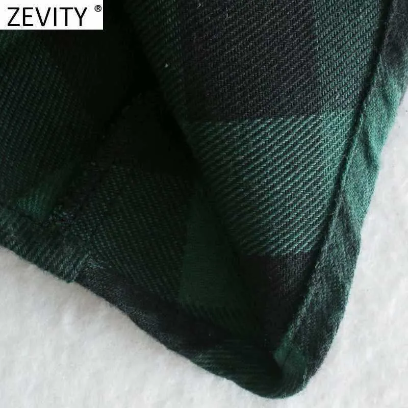 Zeefity Dames Vintage Turn Down Collar Plaid Print Casual Slim Green Mini Dress Office Dames Vestido Shirt Jurken DS4849 210603