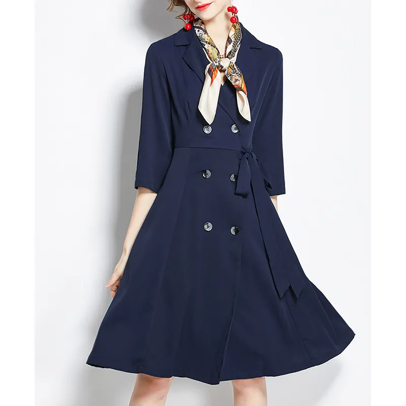 Frauen Vintage Navy Druck Seidenschal Schlank Langarm Zweireiher Schnürung Knielang Kleid OL D3036 210514