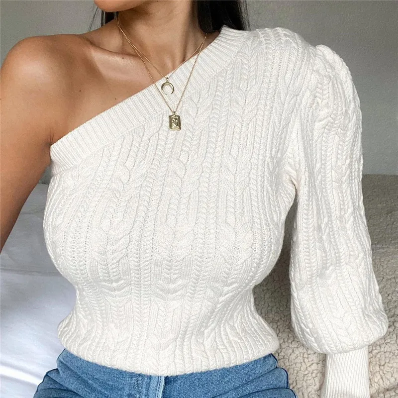 Sexy Off Shoulder Knitted Sweater Women Jumper Spring and Autumn Pullover Long Sleeve Knitwear Female Streetwear 210430