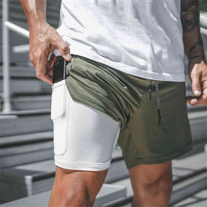 2 i 1 gym shorts män sommar casual strand shorts homme säkerhet ficka elastisk midja mode boardshorts plus storlek 3xl 210322