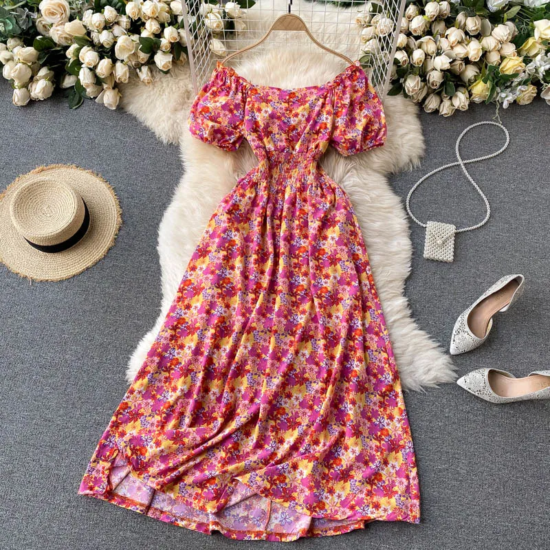 Summer Women's Sundress Chiffon Boho Dress Korean Clothing Puff Sleeve Waist Slimming Print Maxi Beach Femme Robe 210514