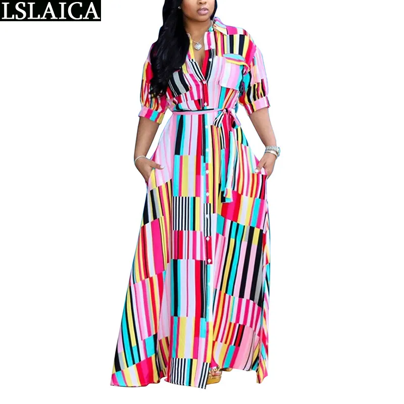 アフリカスタイルの女性のシャツのドレスカジュアルなカラフルなプリントストライプの床の長さのファッション深いVネック裾分割レディースES 210515