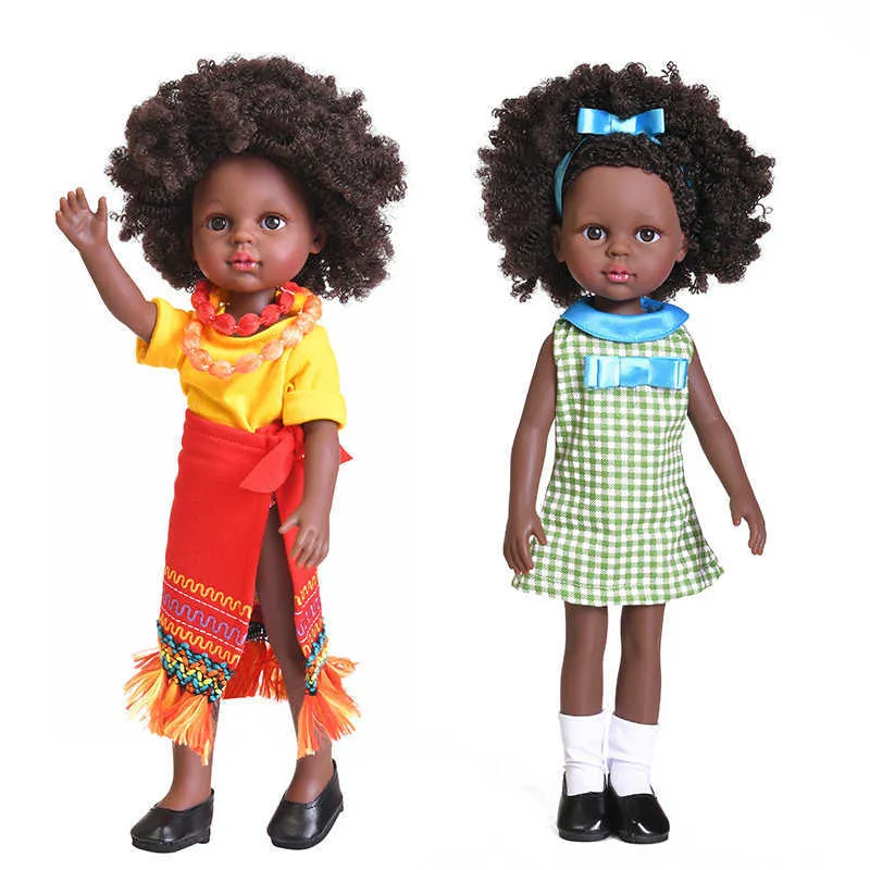 35cm Black African American Reborn Doll Full Silicone Vinyl Baby Dolls African Doll Pretty Girl Toy Bath Toy Gifts Dress UP Toys Q0910