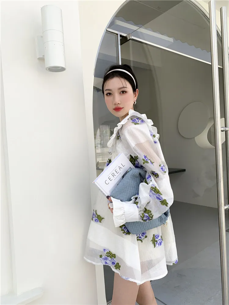 Petal Jacquard Ruffle Neck Long Sleeve Dress Ball Gown For Women Spring White Cute Floral Mini Korean Style 210427