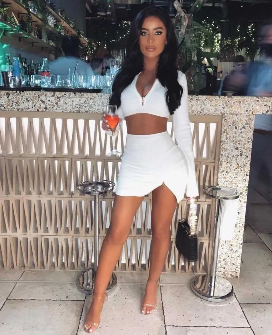 Fashion White V-Neck Zipper Short Top + Mini Skirt Female Two-Piece Sexy Tight Ladies Party Club Outfit Set 210527
