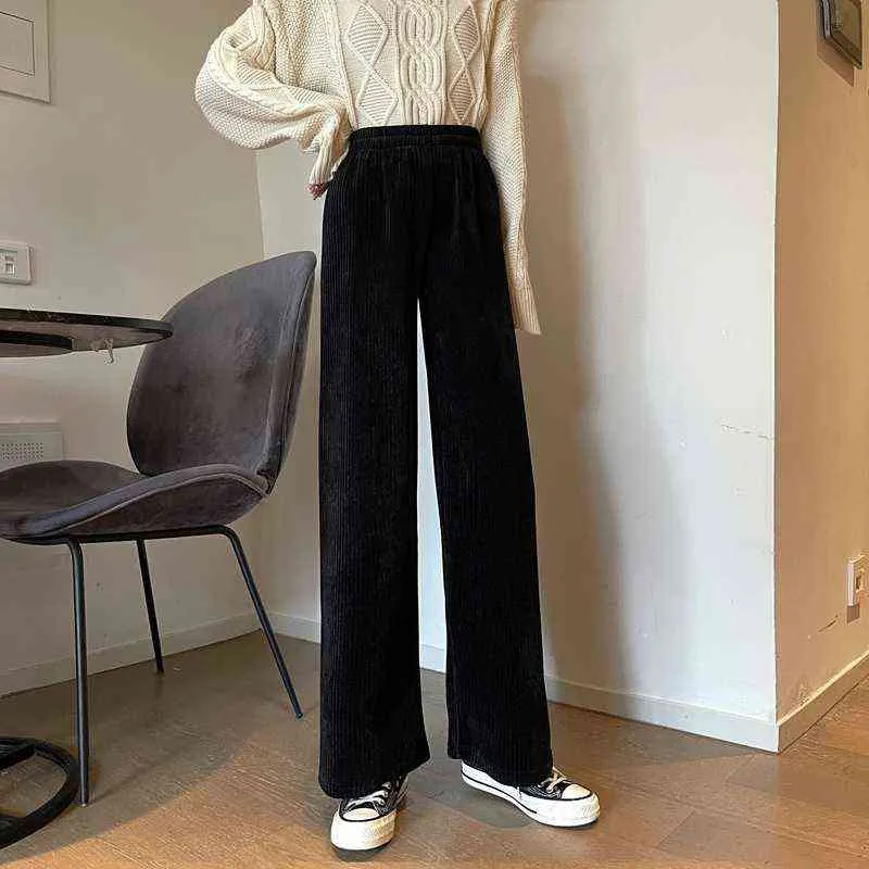 Automne hiver Vintage velours côtelé épaissir pantalon élastique Wasit ample jambe large pantalon solide tout-match décontracté chaud pantalons Mujer G1124