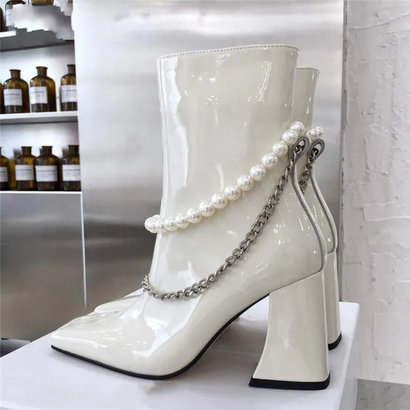 White Black Chains Biker Boots for women Square toe Patent leather Female Fashion Booties Evening Party Boot