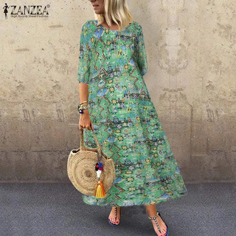 2021 Women Vintage Floal Printed Sundress ZANZEA Autumn 3/4 Sleeve Party Dress Plus Size Bohemian Vestido Robe Femme Dresses X0521