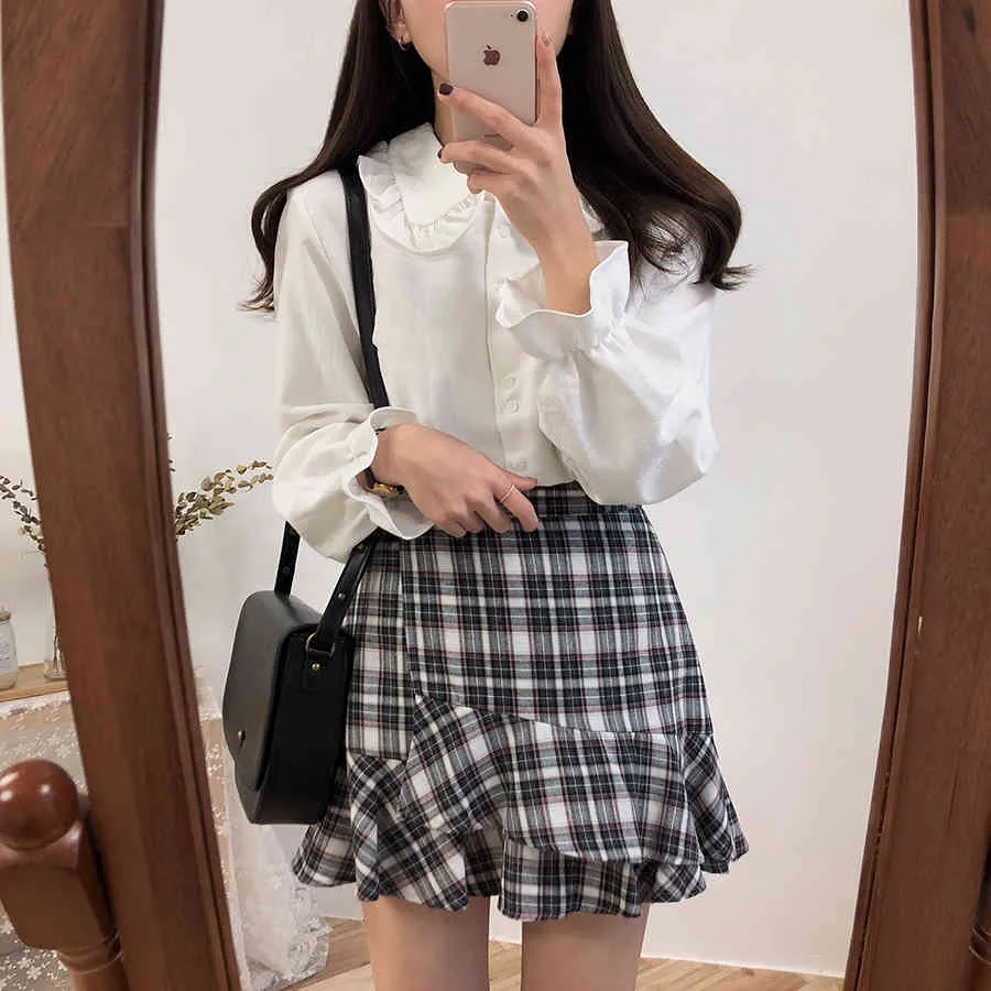 Koreansk vit skjorta Casual Peter Pan Collar Kvinna Blus Långärmad Sweet Blusas Girls Studenter Fashion Top 210519