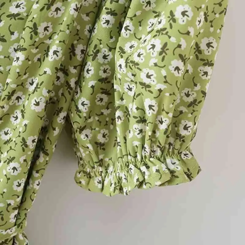 夏の女性の花の印刷スクエアカラーミニドレス女性パフスリーブ服カジュアルな女性ルーズヴェステドD7510 210430