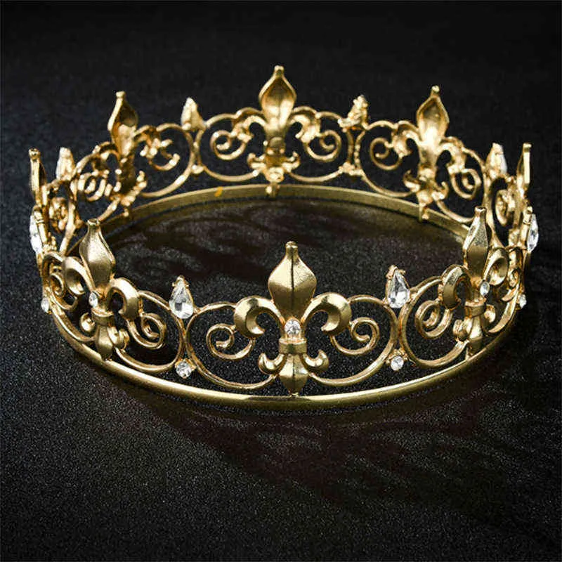 Baroque Vintage Royal Full Round King Crown Couronnes en métal doré et diadèmes pour hommes Prom King Party Costume Accessoires Head Piece 211224