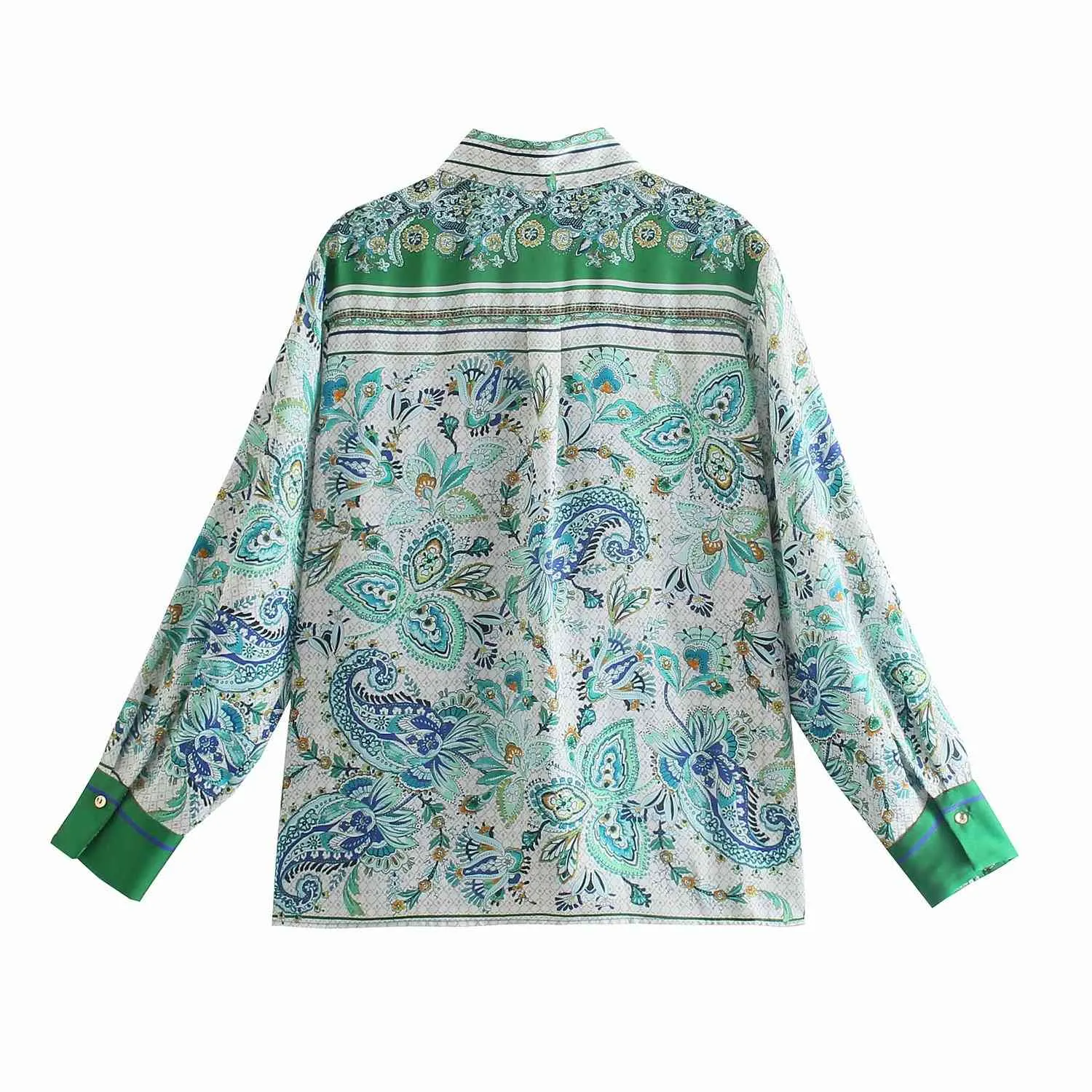 VUWWYV Shirts for Women Green Print Button Up Collared Woman Summer Long Sleeve Female Vintage Ladies Tops 210430