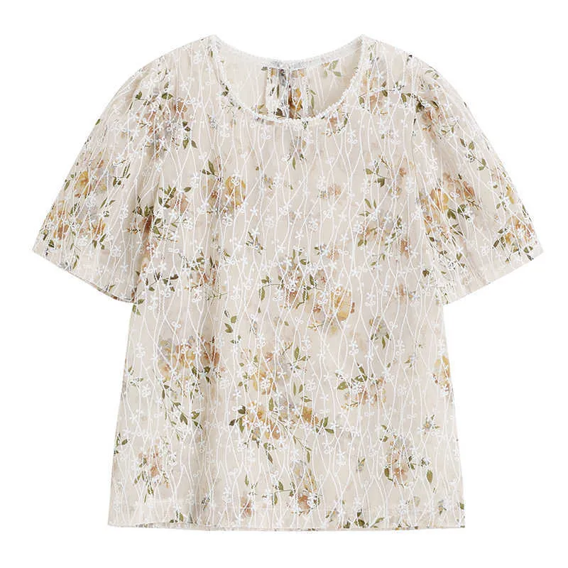 Yitimuceng Blusa con estampado floral Camisas de mujer Suelta Recta O-cuello Albaricoque Ropa Verano Coreano Moda Bohemia Tops 210601