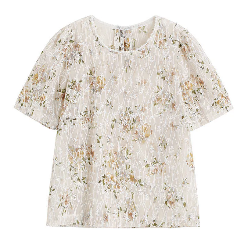 Yitimuceng Floral Print Blouse Femmes Chemises Lâche Droite O-cou Abricot Vêtements D'été Mode Coréenne Bohême Tops 210601