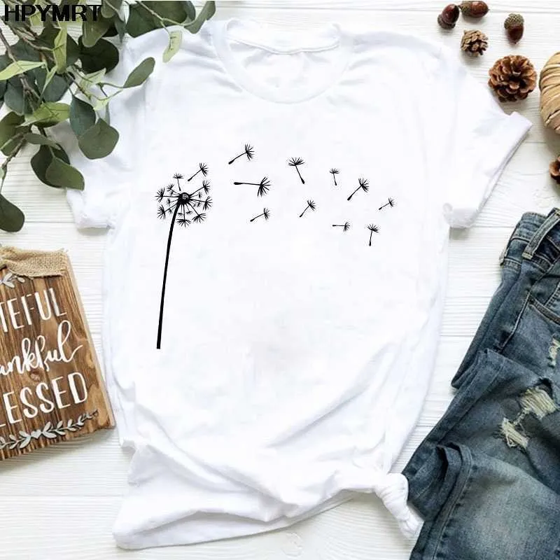 2020 nouvel été fleurs sauvages pissenlit bouquet imprimer femmes t-shirt décontracté blanc t-shirt drôle t-shirt cadeau pour dame jeune fille hauts X0628