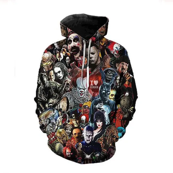 Yeni Moda Adam Kadın Tasarımcı Mükemmel Harajuku Tarzı Korku Filmi 3D Baskı Uzun Kollu Hoodies Rahat Spor KF09