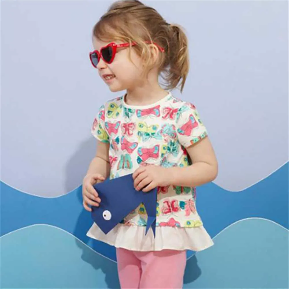 ジャンプメーター夏の女の子の蝶プリント綿の服ファッションチュニックtシャツの赤ちゃんティートップ210529
