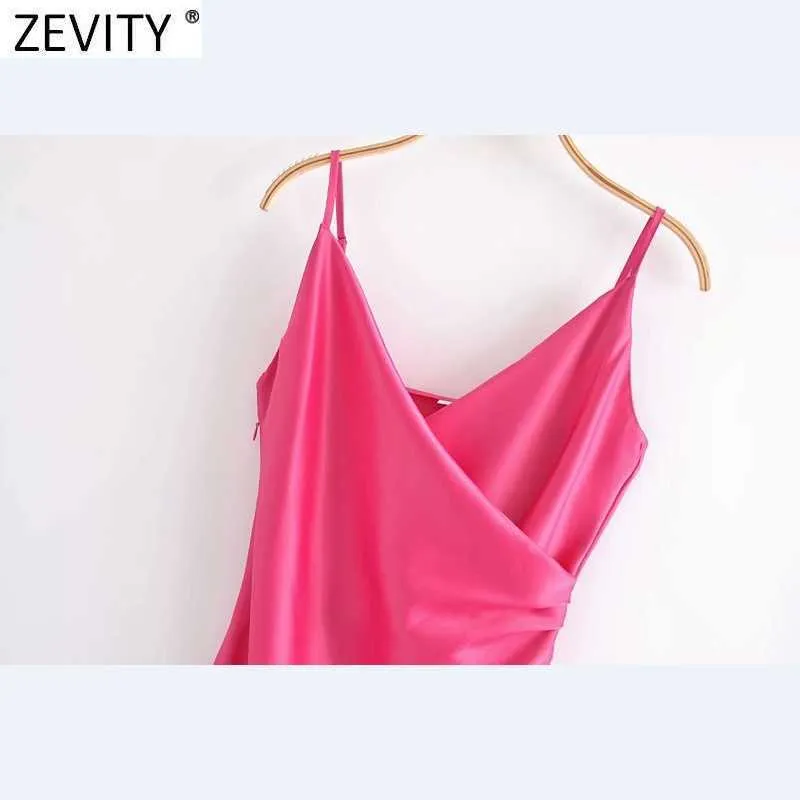 Zevity女性のファッションVネックソリッドカラーサイドプリーツスリングドレス女性シックなインナースタイルジッパースプリットvestidos DS8503 210603