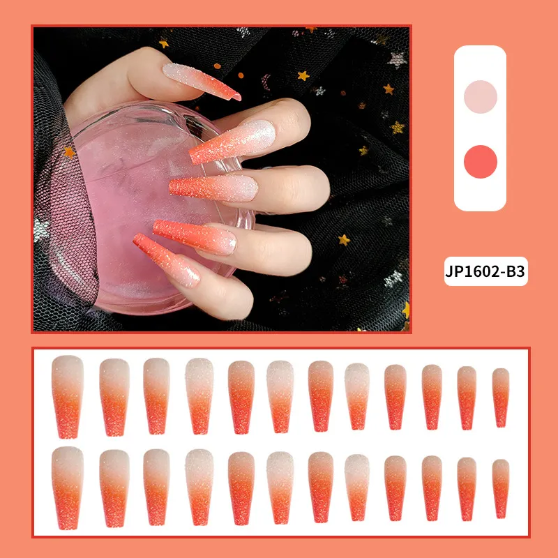 Nude Orange Ombre Francuskie paznokcie Balerina Długie Trumny Błyszczące paznokcie Prasa Akrylowa Na Nail Art Set 