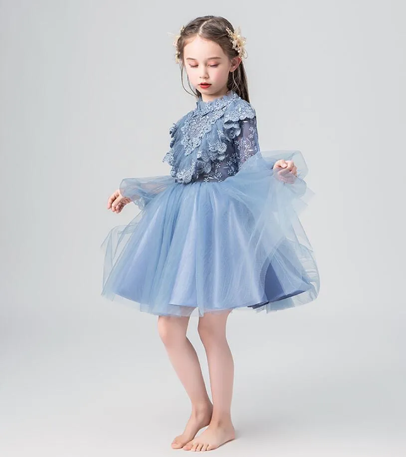 Blue Lace Appliques Flower Girl Dress Long Sleeve Pageant Evening Gown Kids Children Princess Wedding First Communion Costumes 210317