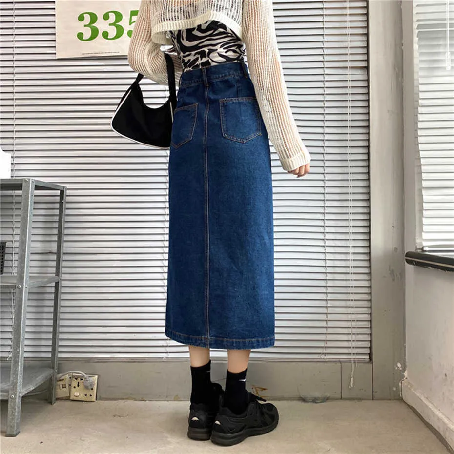 Chic Harajuku Dżinsy Spódnica Kobiet Jesień Split Seksowny Denim Femme Wysoka Talia Długa Side Side Zipper Saia 210621