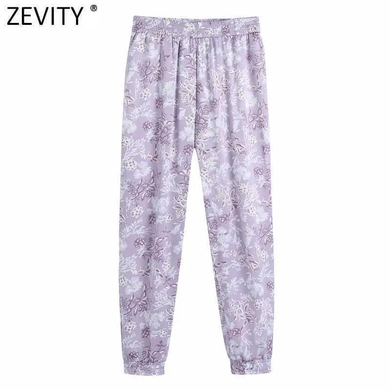 Zevity Femmes Tropical Imprimé Floral Violet Sarouel Femme Chic Taille Élastique Casual Mince Cheville Longueur Pantalones Mujer P1026 210603