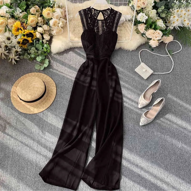 FTLZZ NIEUW STRAND Volledige lengte Sexy Lace Hollow Out O-Neck Tank Jumpsuit Zomer Women Slim Wide Legged Playsuit Holiday Romper 210326