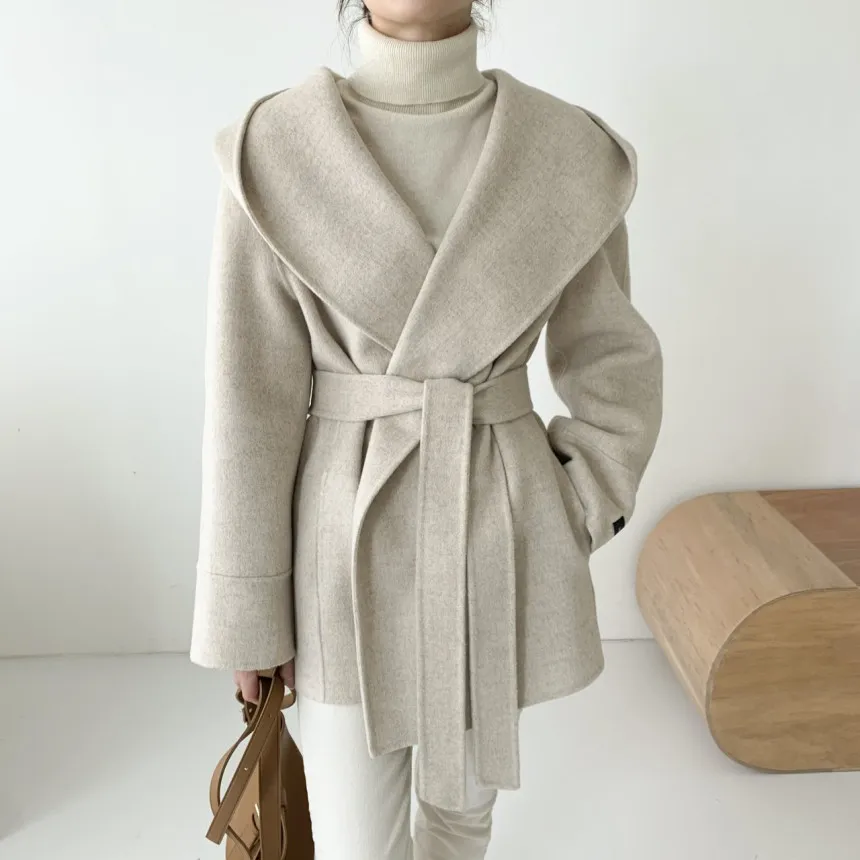 Comelsexy Höst Vinter Ol Eleganta Kvinnor Faux Ullrockar Solid Cardigan Minimalistisk Hooded Woolen Coat Oversize Outwear med Belt 210515