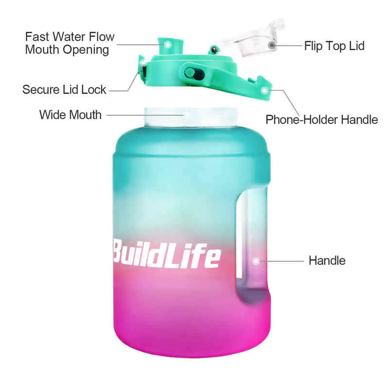QuiFit 2.5L 83oz 3.78L 128oz Wide Mouth 1 Gallon Motivational Water Bottle with Time Marker Flik-Flop A Free Sport Fitness 220125