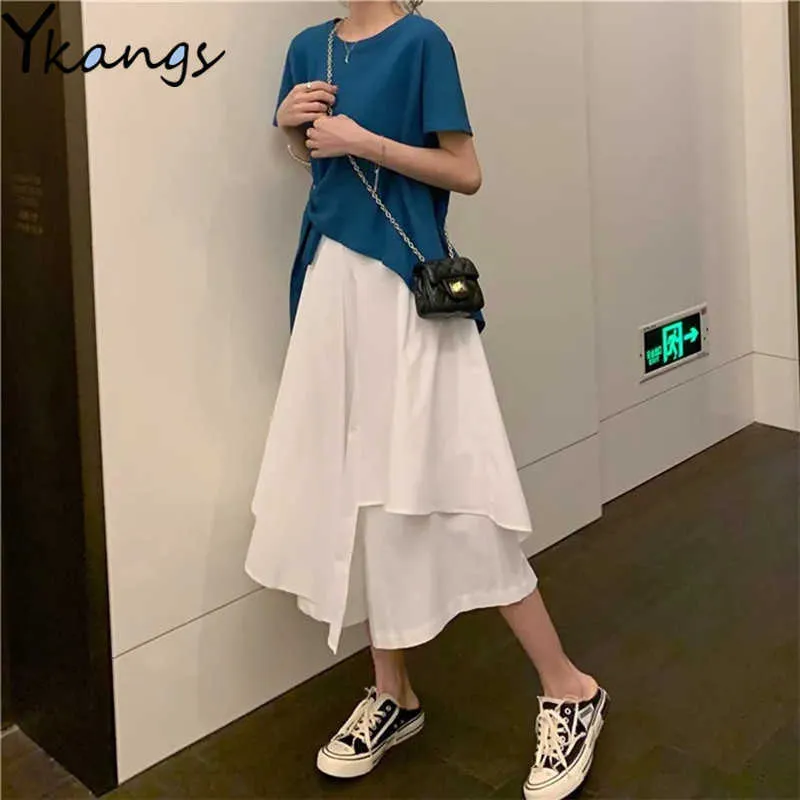 Autumn Vintage White Black Long kjolar harajuku lotus blad oregelbunden midi kjol koreansk kvinnlig punk faldas mujer streetwear 210619