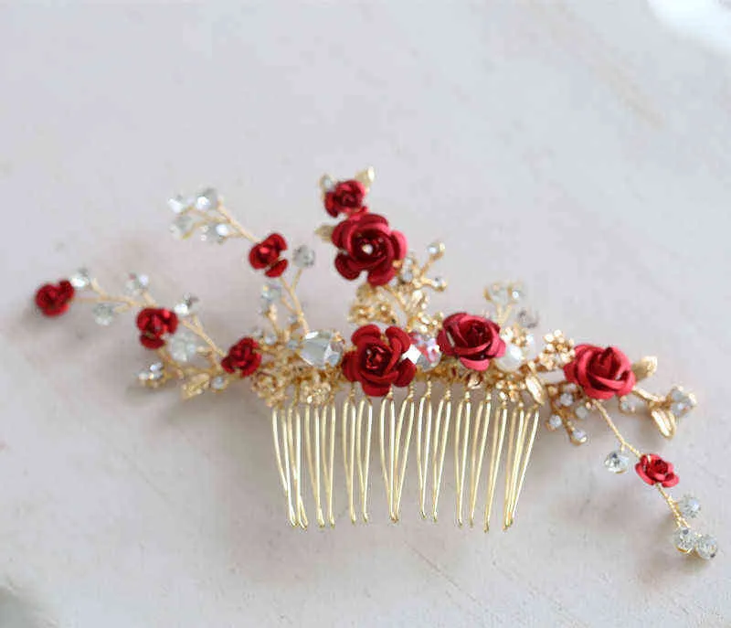 Jonnafe Red Rose Floral Headpiece dla kobiet Promowanie do włosów Bridal Hair Akcesoria ręcznie robiona biżuteria ślubna 2201256666518