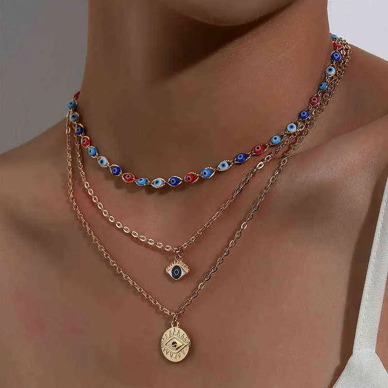 Mode turc mauvais yeux multicouches colliers pour femmes bohème Vintage diable pendentif colliers tour de cou perles fête bijoux nouveau G1206